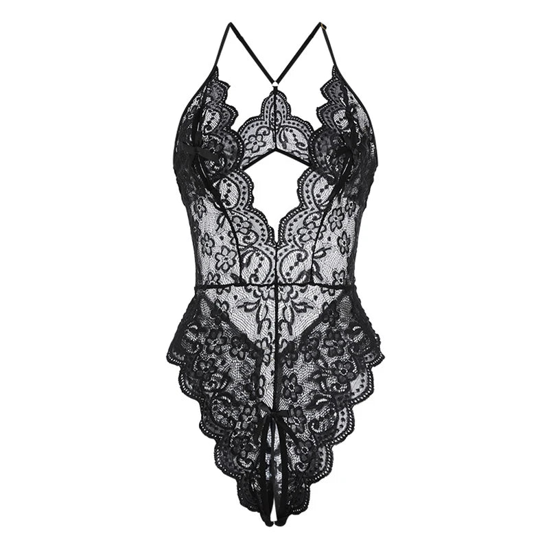 Plus Size Sexy Crotchless Lingerie Women Black Lace Hollow Baby Doll Bodysuit Erotic Costumes Deep V Open Bra Cosplay Maid Dress