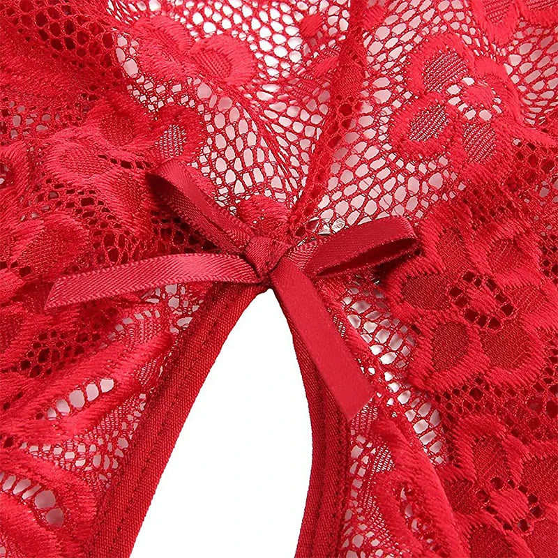 Plus Size Sexy Crotchless Lingerie Women Black Lace Hollow Baby Doll Bodysuit Erotic Costumes Deep V Open Bra Cosplay Maid Dress