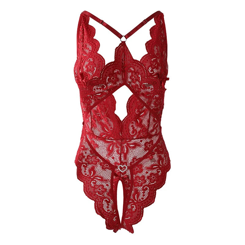 Plus Size Sexy Crotchless Lingerie Women Black Lace Hollow Baby Doll Bodysuit Erotic Costumes Deep V Open Bra Cosplay Maid Dress