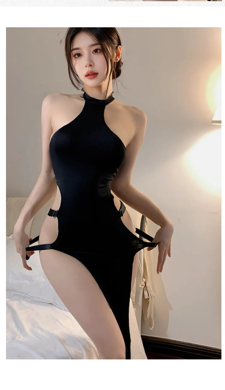 Sexy Lingerie Sleeveless Hollow Slit European Tight Fitting Short Dress