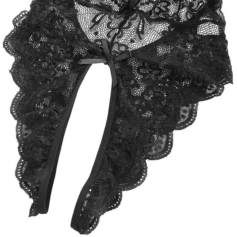 Plus Size Sexy Crotchless Lingerie Women Black Lace Hollow Baby Doll Bodysuit Erotic Costumes Deep V Open Bra Cosplay Maid Dress