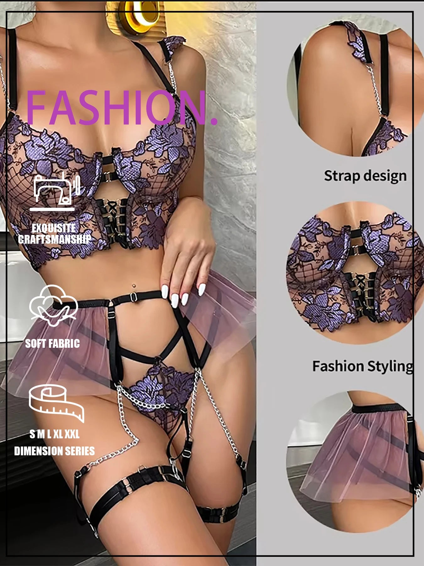 Ladies Lingerie Set with Embroidered Hollow Flower Patterns Cute Metal Charm Clips Uniform Style Apron Set for Sexy Costume Play