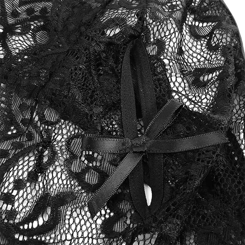 Plus Size Sexy Crotchless Lingerie Women Black Lace Hollow Baby Doll Bodysuit Erotic Costumes Deep V Open Bra Cosplay Maid Dress