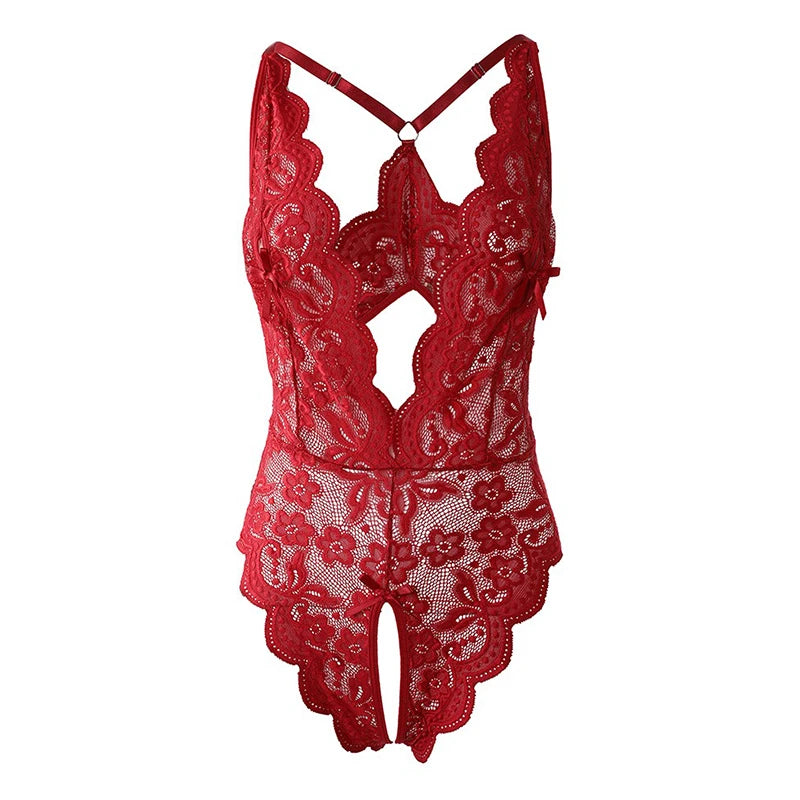 Plus Size Sexy Crotchless Lingerie Women Black Lace Hollow Baby Doll Bodysuit Erotic Costumes Deep V Open Bra Cosplay Maid Dress