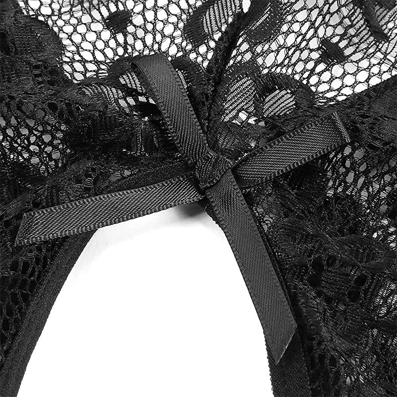 Plus Size Sexy Crotchless Lingerie Women Black Lace Hollow Baby Doll Bodysuit Erotic Costumes Deep V Open Bra Cosplay Maid Dress