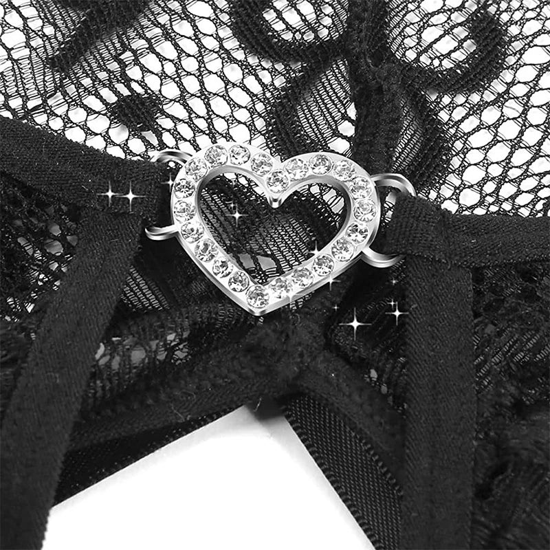 Plus Size Sexy Crotchless Lingerie Women Black Lace Hollow Baby Doll Bodysuit Erotic Costumes Deep V Open Bra Cosplay Maid Dress
